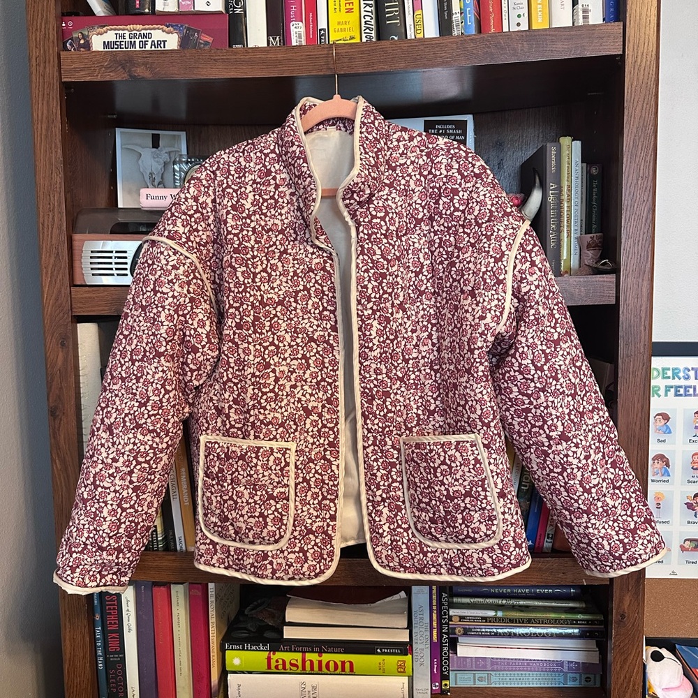 Quilted Style Jacket with Burgundy, Pink, and Cream Floral Design